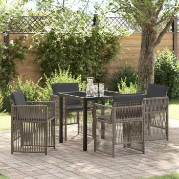ARDEBO.de - 5-teiliges Garten Esstisch Set mit Kissen Grau Poly Rattan, Gartentisch Schwarz 80x80x73 cm Tempered Glass