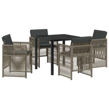 5-teiliges Garten Esstisch Set mit Kissen Grau Poly Rattan, Gartentisch Schwarz 80x80x73 cm Tempered Glass