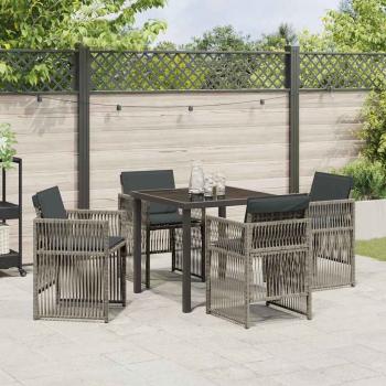 5-teiliges Garten Esstisch Set mit Kissen Grau Poly Rattan, Gartentisch Schwarz 80x80x73 cm Tempered Glass