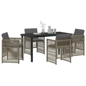 5-Teiliges Garten Esstisch Set mit Kissen Grau Poly Rattan, Gartentisch Schwarz 140x80x73 cm Tempered Glas