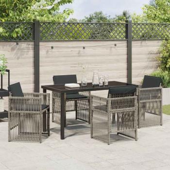 5-Teiliges Garten Esstisch Set mit Kissen Grau Poly Rattan, Gartentisch Schwarz 140x80x73 cm Tempered Glas