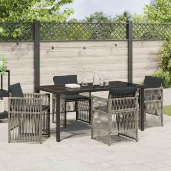 5-teilige Garten Essgruppe mit Kissen Grau Poly Rattan, Gartentisch Schwarz 160x80x73 cm Temperiertes Glas