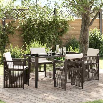 ARDEBO.de - 5-teiliges Garten-Essset mit Kissen Braun Poly-Rattan, Gartentisch Schwarz 140x80x73 cm mit gehärtetem Glas