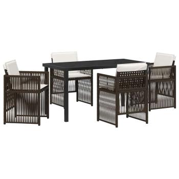 5-teiliges Garten-Essset mit Kissen Braun Poly-Rattan, Gartentisch Schwarz 140x80x73 cm mit gehärtetem Glas