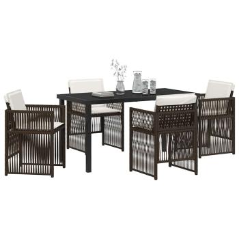 5-teiliges Garten-Essset mit Kissen Braun Poly-Rattan, Gartentisch Schwarz 140x80x73 cm mit gehärtetem Glas