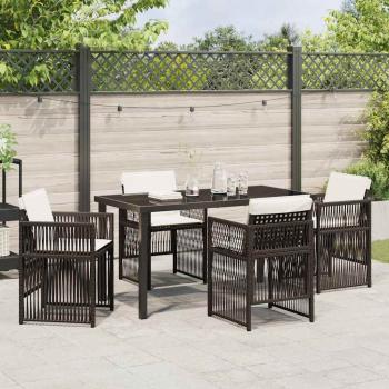 5-teiliges Garten-Essset mit Kissen Braun Poly-Rattan, Gartentisch Schwarz 140x80x73 cm mit gehärtetem Glas