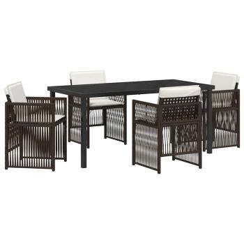 5-teiliges Garten Esszimmer Set mit Kissen Braun Poly Rattan, Garten Tisch Schwarz 160x80x73 cm Sicherheitsglas