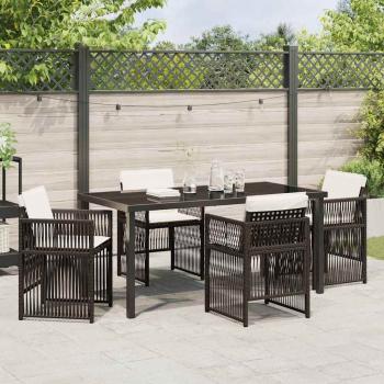 5-teiliges Garten Esszimmer Set mit Kissen Braun Poly Rattan, Garten Tisch Schwarz 160x80x73 cm Sicherheitsglas
