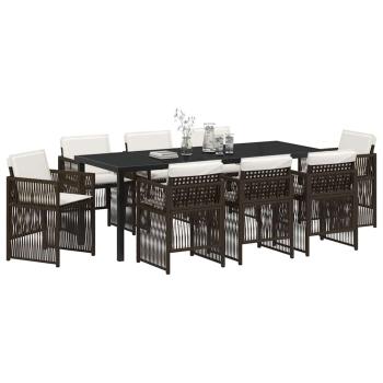 9-teilige Garten Essgruppe mit Kissen Braun Poly Rattan, Gartentisch Schwarz 200x80x73 cm Tempered Glass