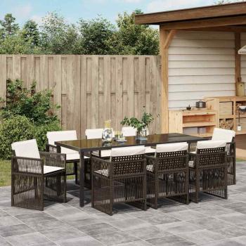 9-teilige Garten Essgruppe mit Kissen Braun Poly Rattan, Gartentisch Schwarz 200x80x73 cm Tempered Glass