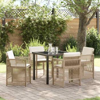 ARDEBO.de - 5-teilige Garten Essgruppe mit Kissen Beige Poly Rattan, Gartentisch Schwarz 80x80x73 cm Gehärtetes Glas