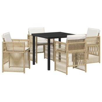 5-teilige Garten Essgruppe mit Kissen Beige Poly Rattan, Gartentisch Schwarz 80x80x73 cm Gehärtetes Glas