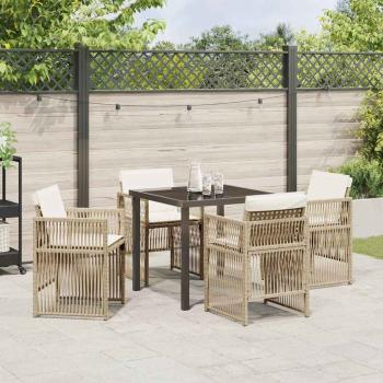5-teilige Garten Essgruppe mit Kissen Beige Poly Rattan, Gartentisch Schwarz 80x80x73 cm Gehärtetes Glas