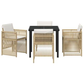 5-teilige Garten Essgruppe mit Kissen Beige Poly Rattan, Gartentisch Schwarz 80x80x73 cm Gehärtetes Glas