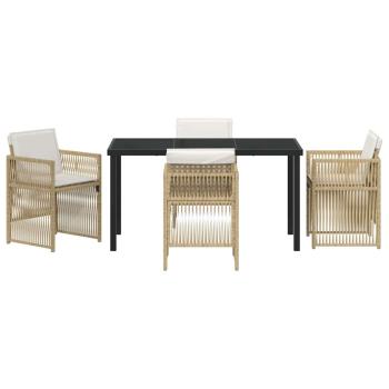 5-teiliges Garten Essset mit Kissen in Beige Poly Rattan, Gartentisch Schwarz 140x80x73 cm mit Sicherheitsglas