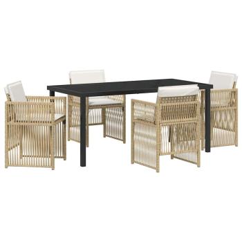 5-teilige Garten Essgruppe mit Kissen Beige Poly Rattan, Gartentisch Schwarz 160x80x73 cm Sicherheitsglas