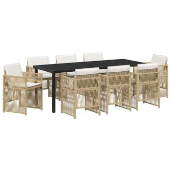 ARDEBO.de - 9-teiliges Garten Essset mit Kissen Beige Poly Rattan, Gartentisch Schwarz 200x80x73 cm Sicherheitsglas