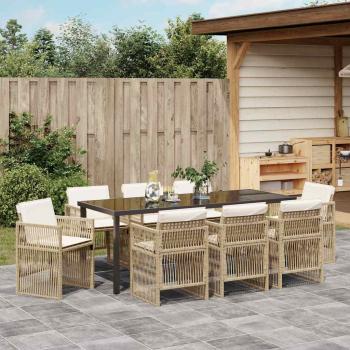 9-teiliges Garten Essset mit Kissen Beige Poly Rattan, Gartentisch Schwarz 200x80x73 cm Sicherheitsglas