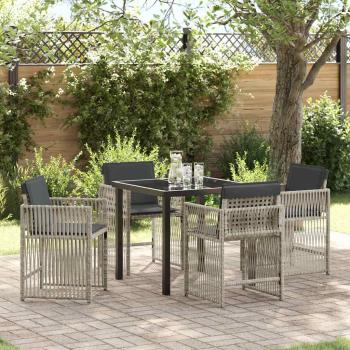 ARDEBO.de - 5-teilige Garten-Essgruppe mit Polstern Hellgrau Poly-Rattan, Gartentisch Schwarz 80x80x73 cm mit Sicherheitsglas
