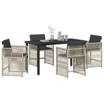 5-teilige Garten Essgruppen mit Kissen Hellgrau Poly Rattan, Gartentisch Schwarz 140x80x73 cm Temperiertes Glas