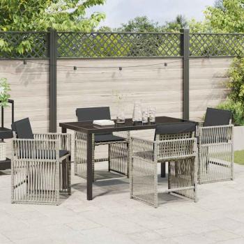 5-teilige Garten Essgruppen mit Kissen Hellgrau Poly Rattan, Gartentisch Schwarz 140x80x73 cm Temperiertes Glas