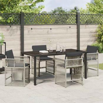 5-teilige Garten Essgruppe mit Kissen Hellgrau Poly Rattan, Gartentisch Schwarz 160x80x73 cm Sicherheitsglas