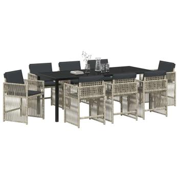 ARDEBO.de - 9-teilige Garten Essgruppe mit Kissen Hellgrau Poly Rattan, Gartentisch Schwarz 200x80x73 cm Sicherheitsglas