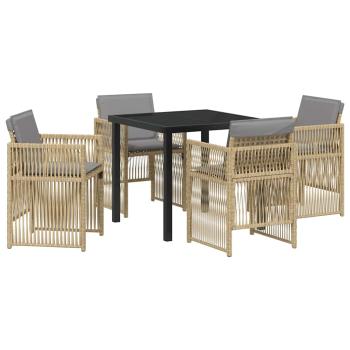 5-teiliges Garten Esszimmer Set mit Kissen Beige Poly Rattan, Gartentisch Schwarz 80x80x73 cm mit Sicherheitsglas