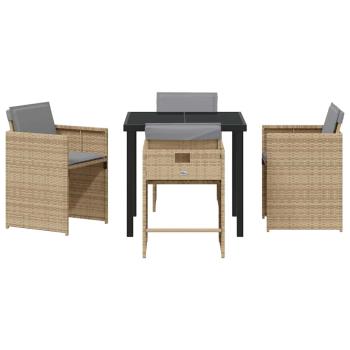 5-teiliges Garten Essset mit Kissen Beige Poly Rattan, Gartentisch Schwarz 80x80x73 cm Tempered Glass