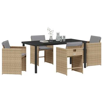 5-teiliges Garten Essset mit Kissen Beige Poly Rattan, Gartentisch Schwarz 160x80x73 cm Sicherheitsglas