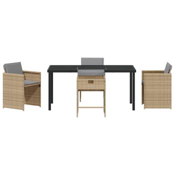 5-teiliges Garten Essset mit Kissen Beige Poly Rattan, Gartentisch Schwarz 160x80x73 cm Sicherheitsglas