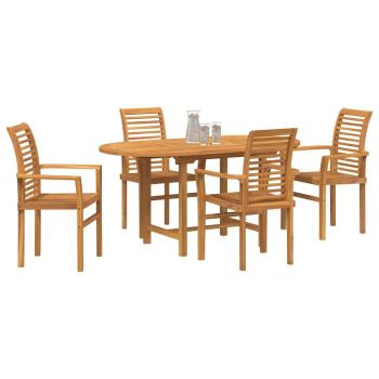 5-teiliges Garten-Esszimmer Set aus Massivholz Teak, Stapelstuhl Garten 2 Stück aus Massivholz Teak