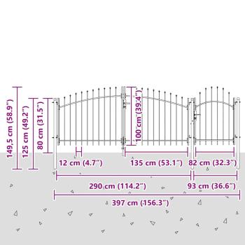 Gartentor mit Spear-Spitze Schwarz 100x400 cm Stahl