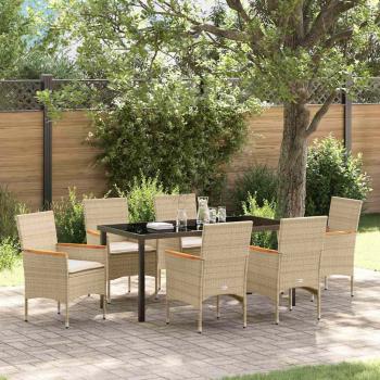 ARDEBO.de - 7-teiliges Garten Essset mit Kissen Beige Poly-Rattan, Gartentisch Schwarz 160x80x73 cm Sicherheitsglas