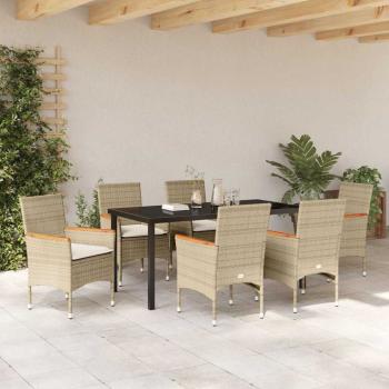 7-teiliges Garten Essset mit Kissen Beige Poly-Rattan, Gartentisch Schwarz 160x80x73 cm Sicherheitsglas
