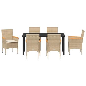 7-teiliges Garten Essset mit Kissen Beige Poly-Rattan, Gartentisch Schwarz 160x80x73 cm Sicherheitsglas
