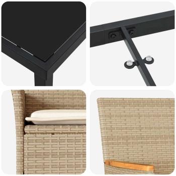 9-teiliges Garten Essset mit Kissen Beiger Poly Rattan, Gartentisch Schwarz 200x80x73 cm Sicherheitsglas