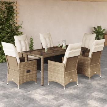 ARDEBO.de - 7-tlg. Garten-Essgruppe mit Kissen Beige Poly Rattan