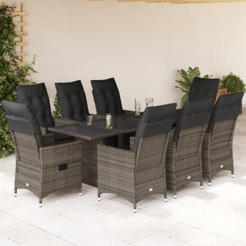 ARDEBO.de - 9-tlg. Garten-Essgruppe mit Kissen Grau Poly Rattan
