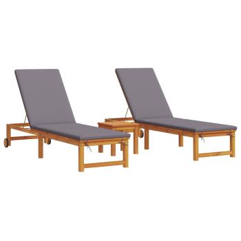 Sonnenliegen 2 Stk mit Tisch und Kissen aus Massivholz Akazie, Sonnenliege mit hellgrauen Kissen aus Massivholz Akazie, Gartenbeistelltisch 35x35x34 cm aus Massivholz Akazie