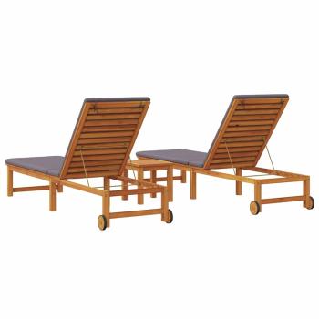 Sonnenliegen 2 Stk mit Tisch und Kissen aus Massivholz Akazie, Sonnenliege mit hellgrauen Kissen aus Massivholz Akazie, Gartenbeistelltisch 35x35x34 cm aus Massivholz Akazie