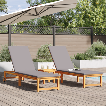 Sonnenliegen 2 Stk mit Tisch und Kissen aus Massivholz Akazie, Sonnenliege mit hellgrauen Kissen aus Massivholz Akazie, Gartenbeistelltisch 35x35x34 cm aus Massivholz Akazie