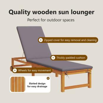 Sonnenliegen 2 Stk mit Tisch und Kissen aus Massivholz Akazie, Sonnenliege mit hellgrauen Kissen aus Massivholz Akazie, Gartenbeistelltisch 35x35x34 cm aus Massivholz Akazie