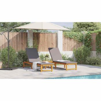 Sonnenliegen 2 Stk mit Tisch und Kissen aus Massivholz Akazie, Sonnenliege mit hellgrauen Kissen aus Massivholz Akazie, Gartenbeistelltisch 35x35x34 cm aus Massivholz Akazie