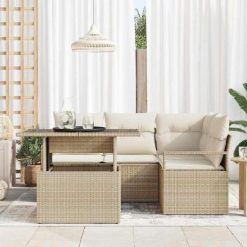 5-teiliges Garten Sofa Set mit Kissen in Beige aus Poly Rattan, 2-Sitzer Garten Sofa mit Kissen in Beige aus Poly Rattan