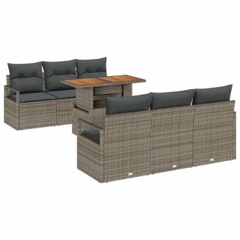 7-teiliges Garten-Sofa-Set mit Kissen Grau Poly Rattan Akazie, 2-Sitzer Garten-Sofa mit Kissen Grau Poly Rattan