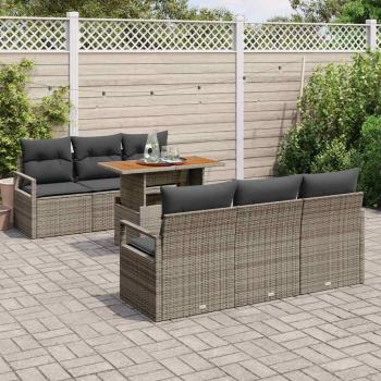 7-teiliges Garten-Sofa-Set mit Kissen Grau Poly Rattan Akazie, 2-Sitzer Garten-Sofa mit Kissen Grau Poly Rattan