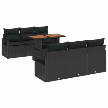 7-teiliges Garten-Sofa-Set mit Kissen Schwarz Poly-Rattan Akazie, 2-Sitzer Garten-Sofa mit Kissen Schwarz Poly-Rattan