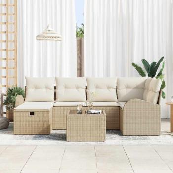 7-teiliges Garten Sofa Set mit Kissen Beige Poly Rattan