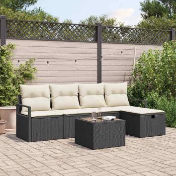 ARDEBO.de - 6-teiliges Garten Sofa Set mit Kissen Schwarz Poly Rattan, 2-Sitzer Garten Sofa mit Kissen Schwarz Poly Rattan